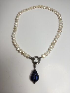 Vintage White Pearl Necklace with Dark Blue Mystic Baroque Pearl Pendant